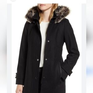 $245 London Fog Women Black Wool-Blend Zip-Up Hooded Faux-Fur Trim Coat Jacket L